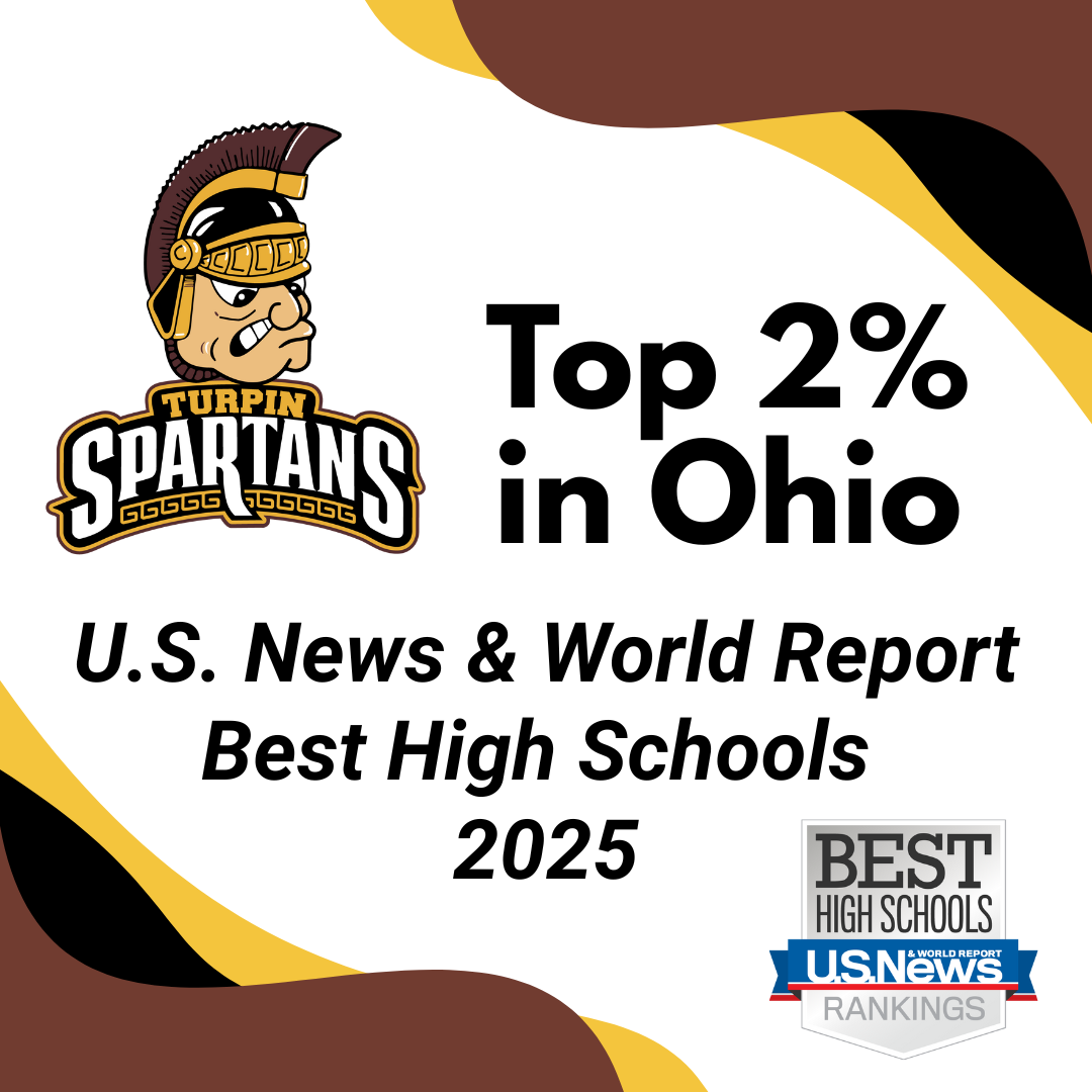 Turpin high school logo and U.S. News & World report logo with text that says "Top 5% in Ohio - U.S. News & World Report Best High Schools 2025"